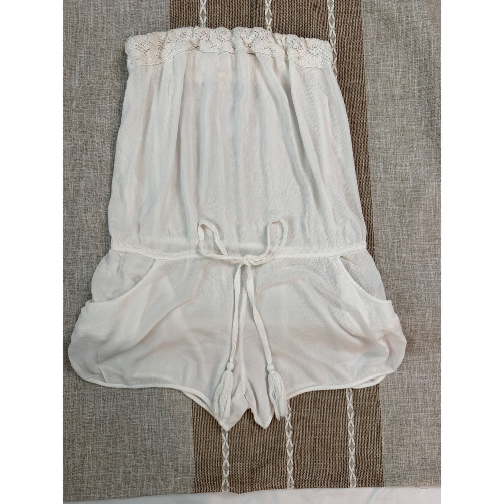 Elan Sheer White Strapless Lace Trim Romper Drawstring Tassel Medium
